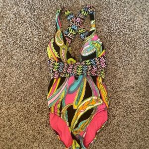 Trina Turk Multi Colored Abstract Plunge One-Piece - Women Size 6